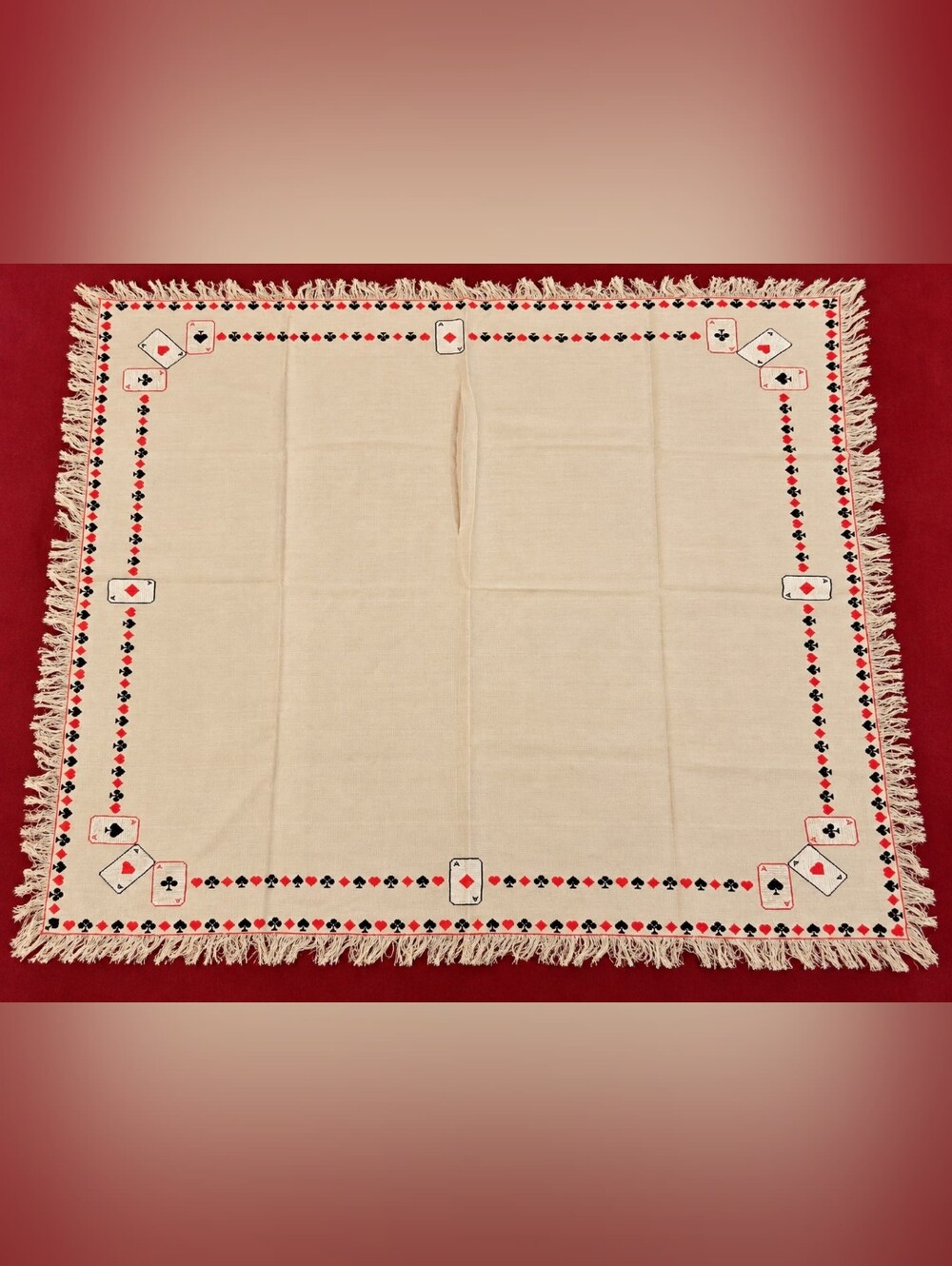 Vintage 40" Playing Card Tablecloth Embroidered Poker Bridge Fringe Square
